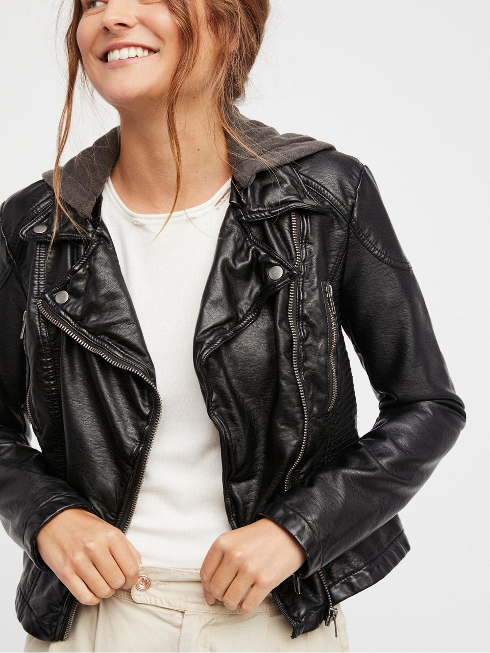 Free People HOODED MOTO FAUX LEATHER JACKET black womens size 8